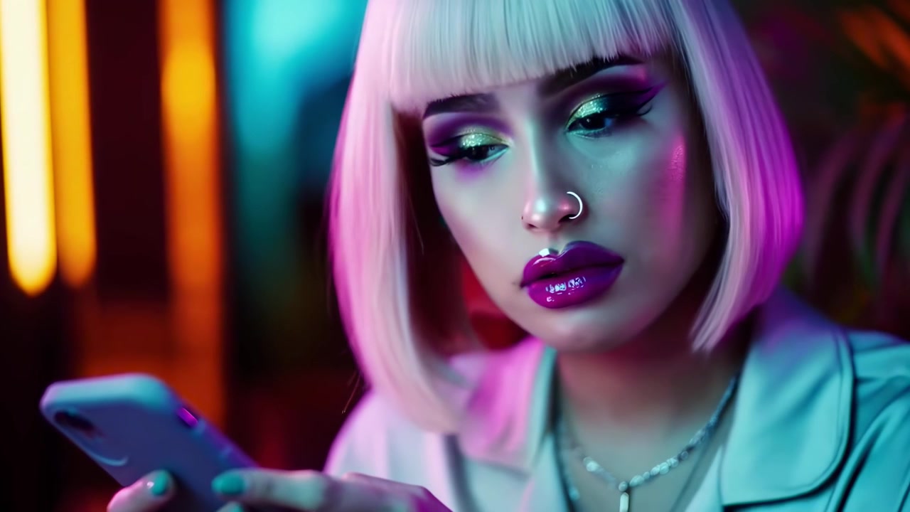 Giovane donna elegante che usa lo smartphone in un ambiente illuminato al neon