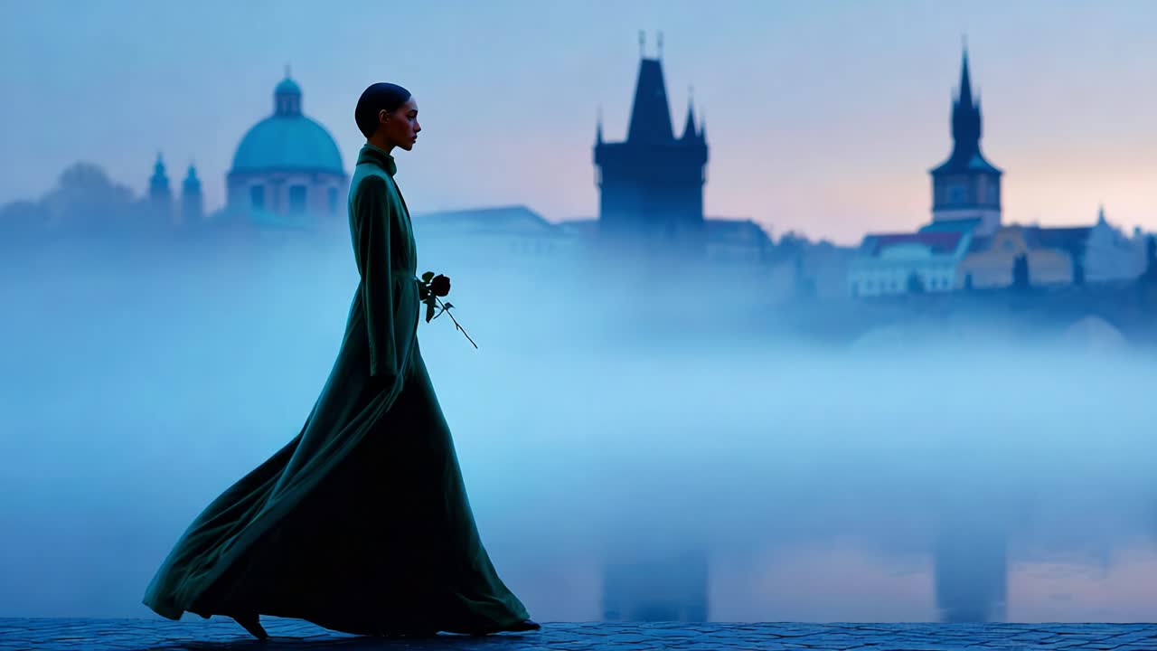 A graceful figure in an elegant green garment walks through misty surroundings, surrounded by enchanting architecture, capturing a moment of serene beauty and mystery