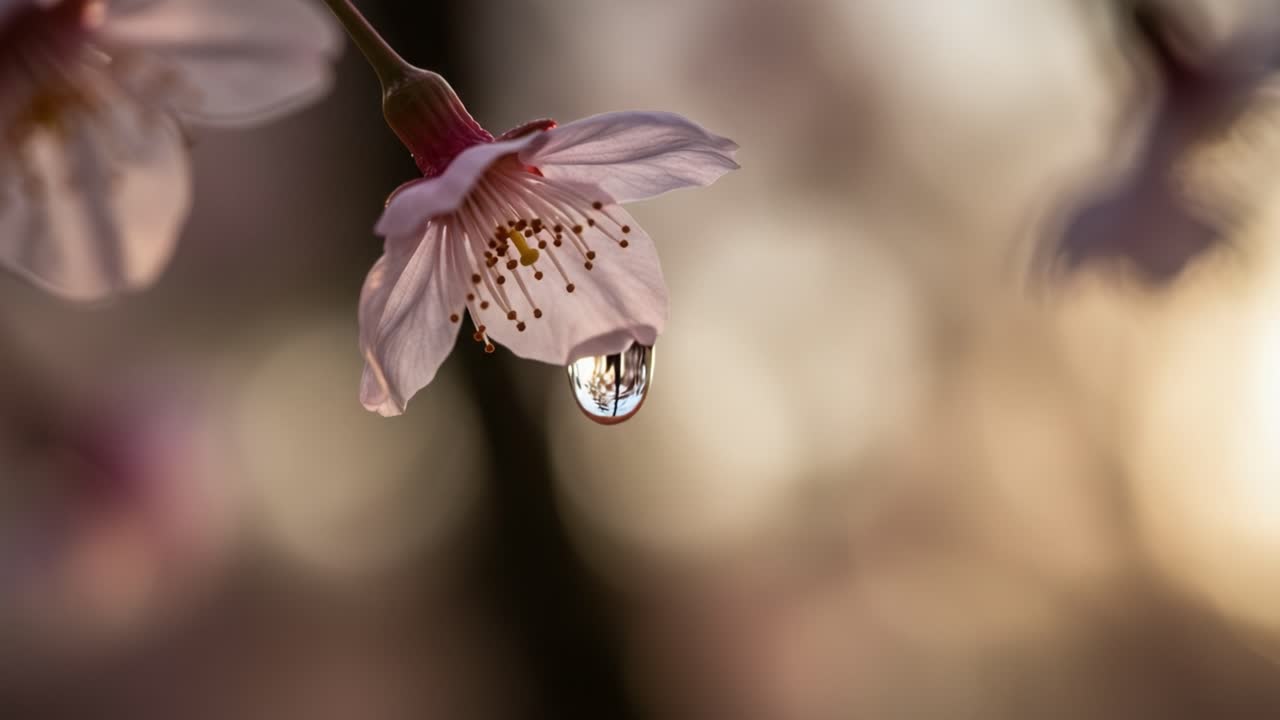 Delicate Cherry Blossom Bloom with Glistening Raindrop Captured in Soft Light; a Stunning Close-Up of Nature's Beauty and Intricate Floral Details