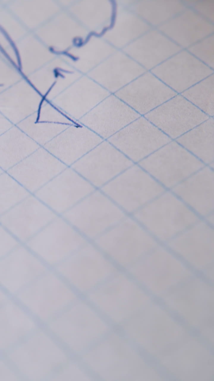 young man writes letter to friend with blue pen on blank checkered paper sheet extreme close view