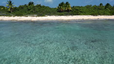 Drone-footage-rolling-left-along-a-tropical-beach-with-palm-trees-as-waves-in-a-turquoise,-tropical-ocean-crash-over-a-coral-reef-and-onto-the-beach-in-the-Caribbean