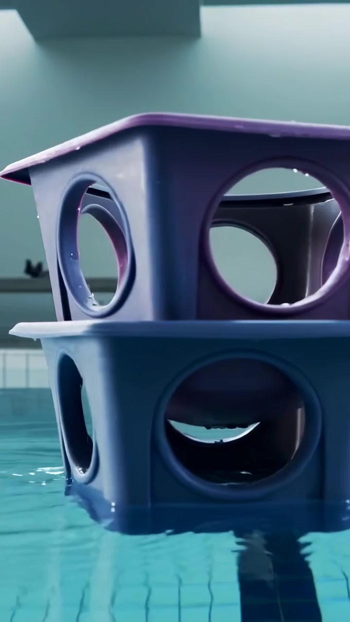 Video verticale: Casse viola e blu che ondeggiano e dondolano, increspature che spingono l'acqua della piscina, lucernario che brilla.