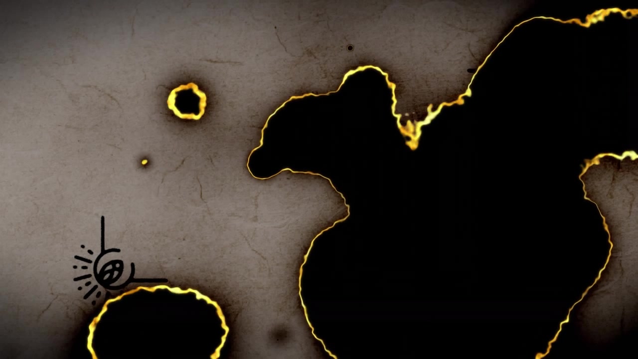 Animation af brændende antikt dokument og hvide cirkler på sort baggrund.