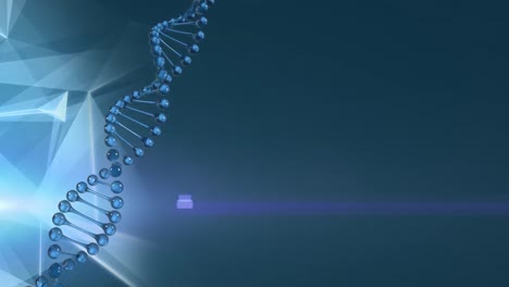 Animation-of-dna-strand-spinning-over-blue-geometrical-shapes