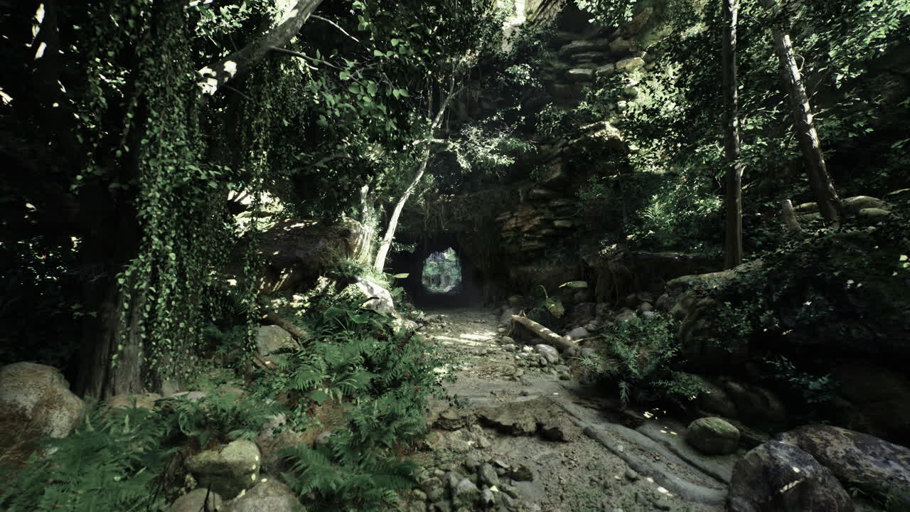 Vibrant forest path leading to a mystical clearing surrounded by greenery