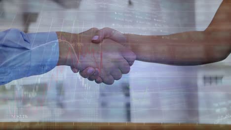 animation of caucasian business partners shaking hands with graphic data in background