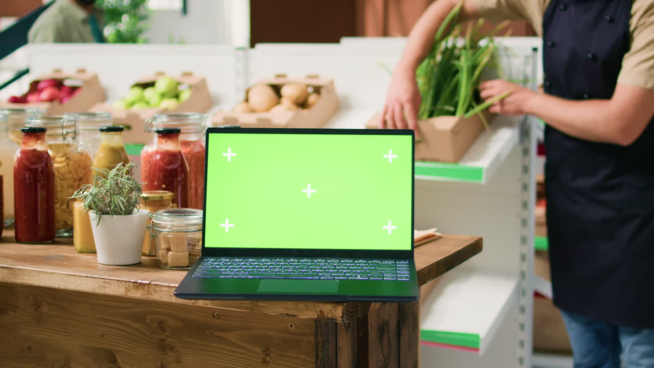 el portátil muestra una pantalla verde en la tienda de bio