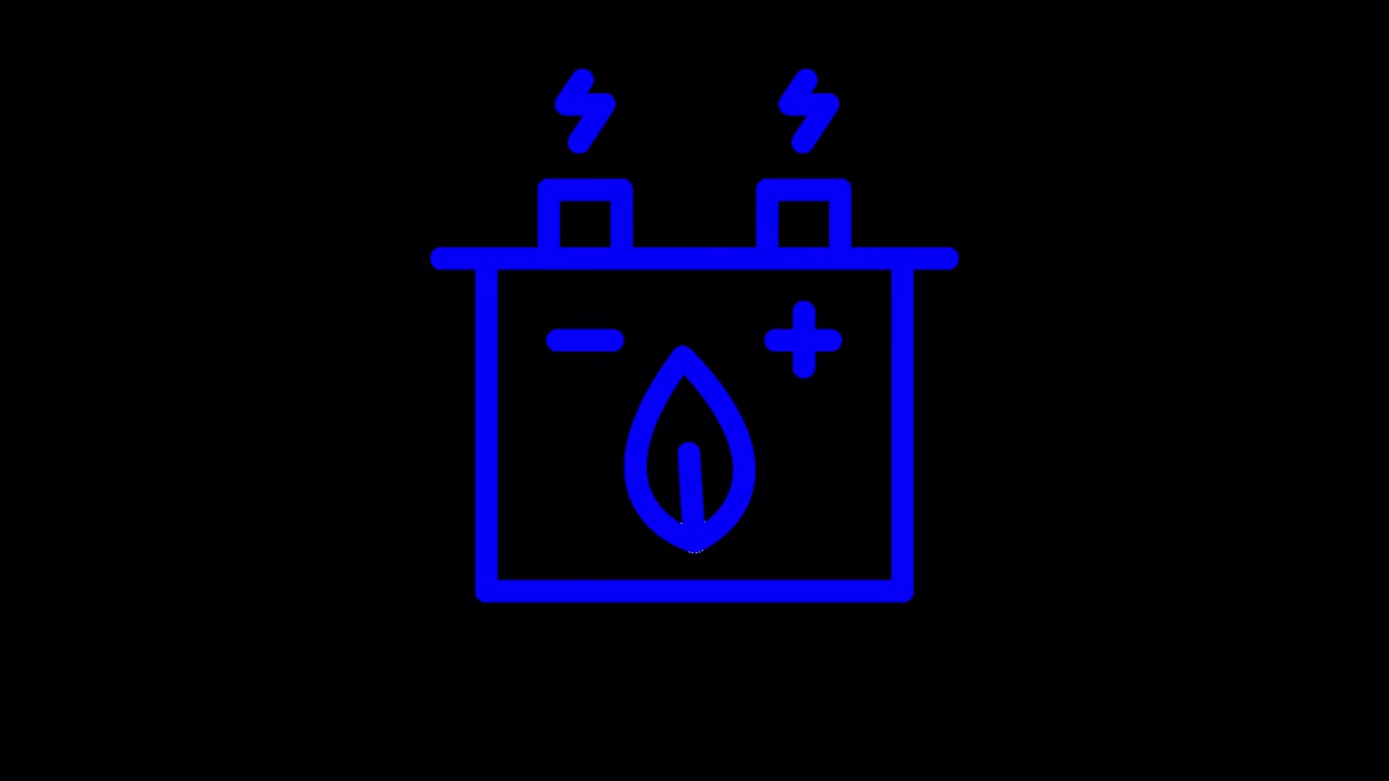 Icono animado de batería azul con símbolo de hoja sobre fondo negro.