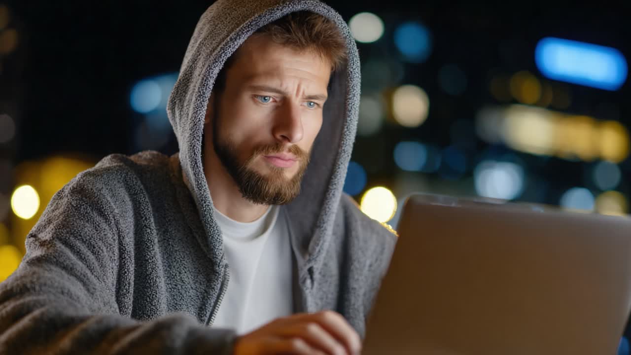 Persona concentrata con felpa con cappuccio che lavora fino a tardi al portatile, circondata dalle luci della città, enfatizzando la concentrazione e l'ambiente urbano