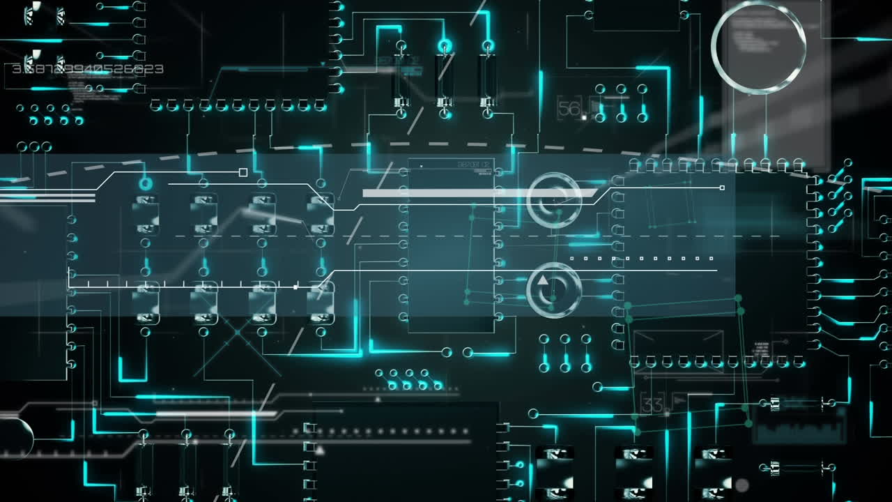 Animation of data and shapes floating over microprocessor connections