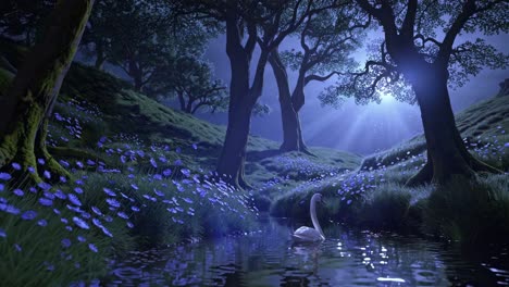 bosque de luz de luna con cisne