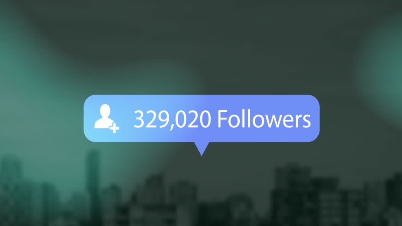 Animation of profile icon with increasing followers on speech bubble against tall buildings