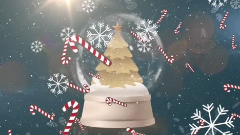 Animación-De-Nieve-Y-Bastones-De-Caramelo-Cayendo-Sobre-Una-Bola-De-Nieve-Navideña-Con-Decoración-De-árbol-De-Navidad.