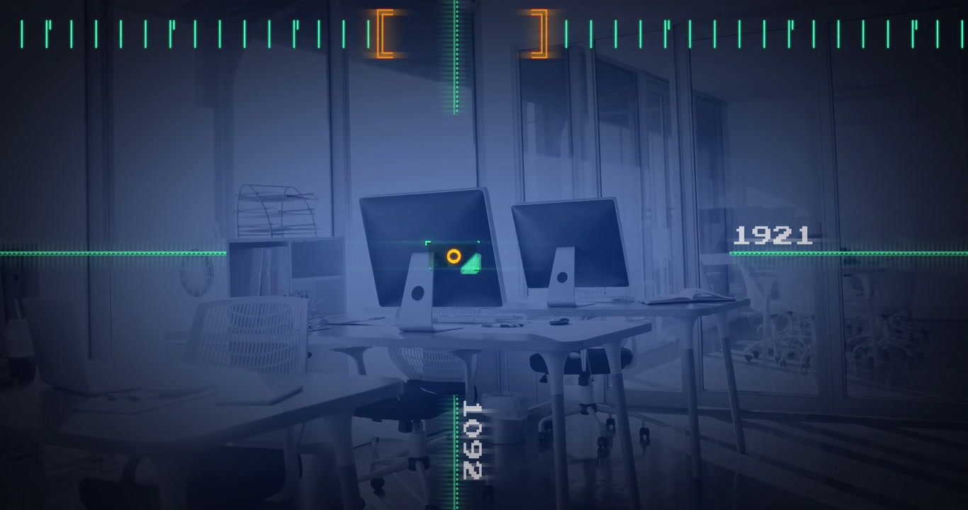 Neon HUD activating over dual monitors, sweeping bars scanning, reticle shifting, readouts updating