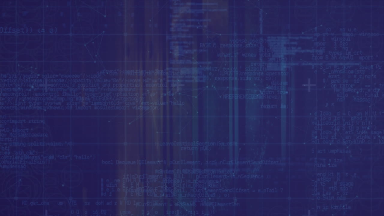 Digital code and data processing animation over blue abstract background