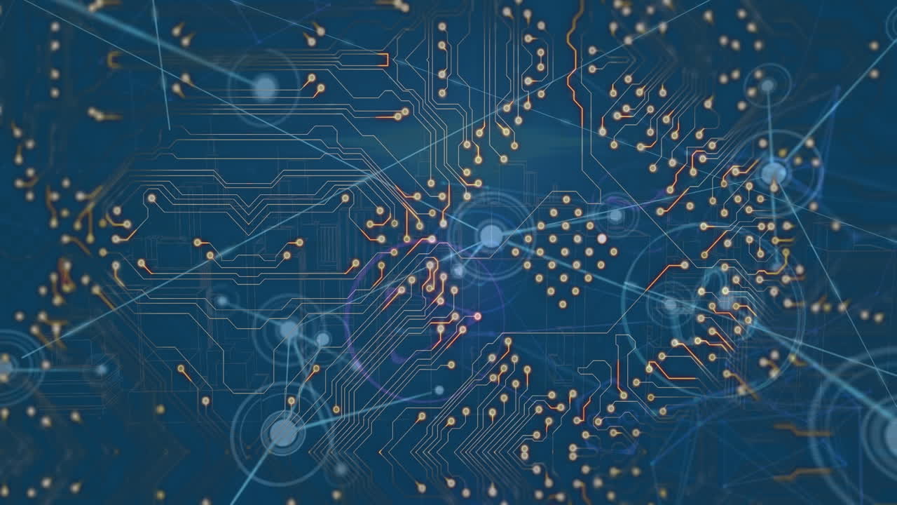 animación de una red de conexiones a través de una placa de circuitos de computadora sobre un fondo azul.