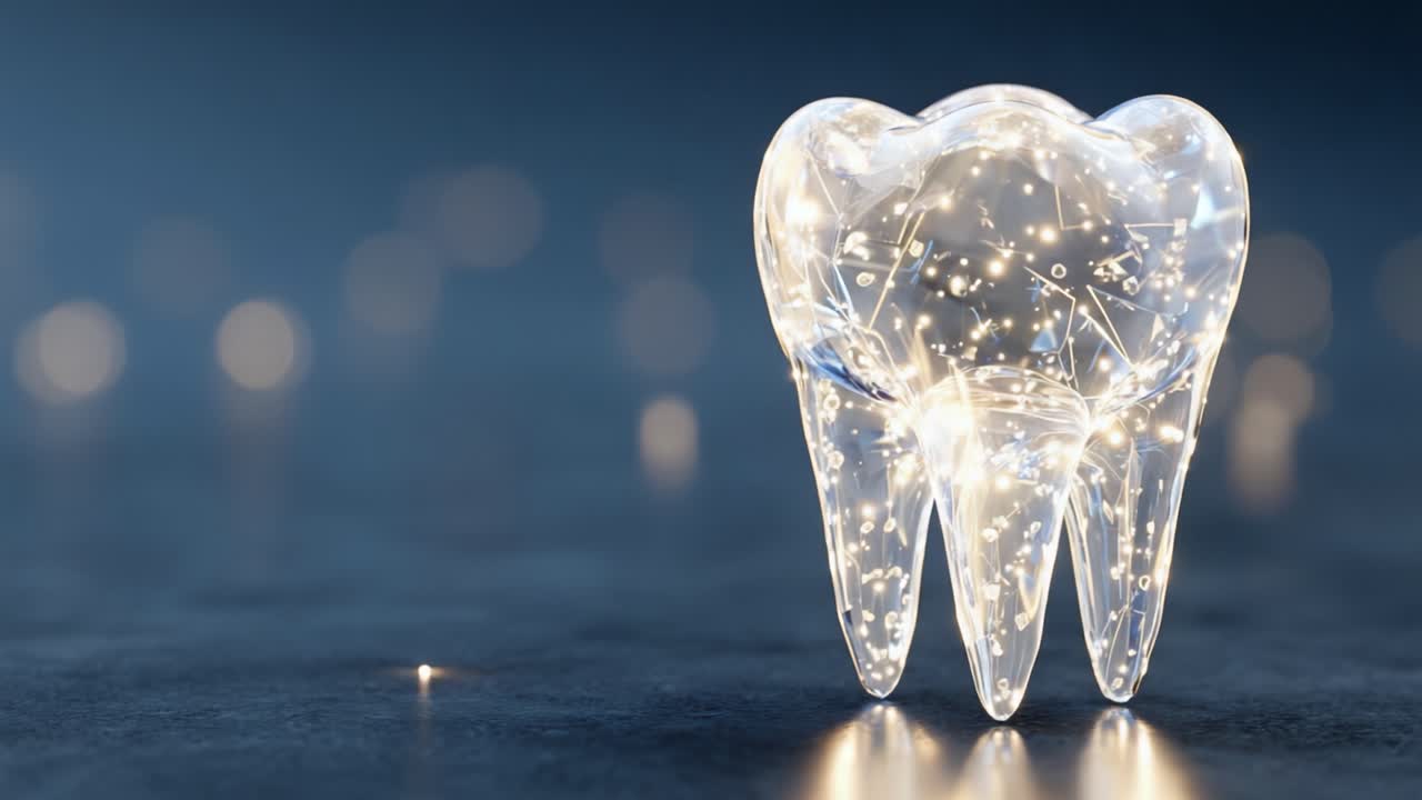 A Stunning Transparent Tooth Structure Sparkling with Light, Symbolizing Dental Health and Aesthetics in a Modern Artistic Design