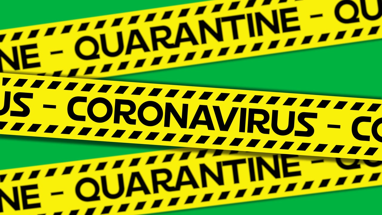 Top-right tape popping, QUARANTINE sliding, CORONAVIRUS settling into barrier on transparent canvas