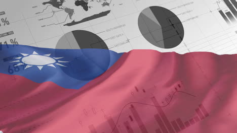 animation of financial data processing over flag of taiwan