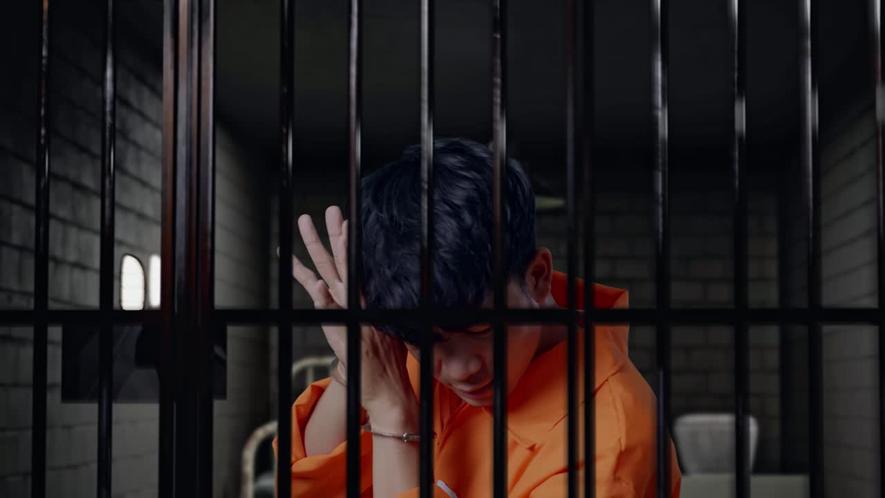 vista lateral de cerca de un prisionero masculino asiático con esposas de pie en la prisión, mostrando el signo de la palma la expresión de no ser querido para ser capturado por la cámara