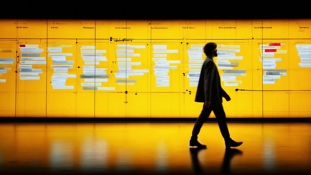 A lone figure walks calmly past an engaging, vibrant yellow wall displaying an intriguing timeline of data, showcasing a blend of information and artistic presentation