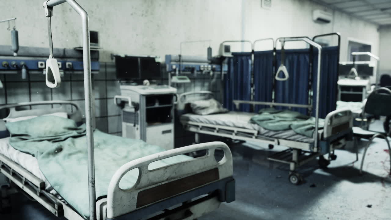 Letti ospedalieri abbandonati in una struttura medica fatiscente al crepuscolo