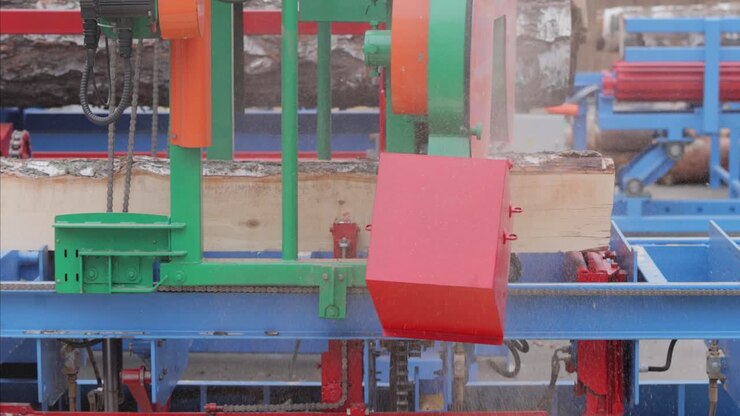Work of the sawmill in close-up. Process of machining logs in equipment sawmill machine saw saws the tree trunk on the plank boards.