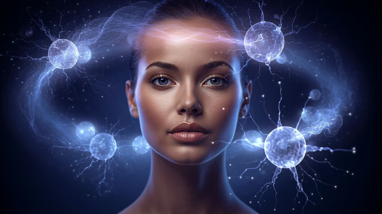 Nodo luminoso sopra la fronte, donna con sguardo fisso in studio, fascia luminosa e nodi orbitanti che pulsano