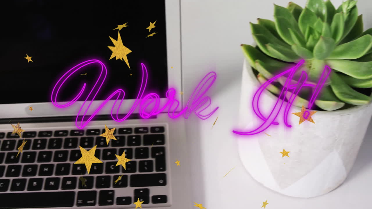 Potted succulent sitting beside open laptop, neon magenta text glowing among gold star confetti