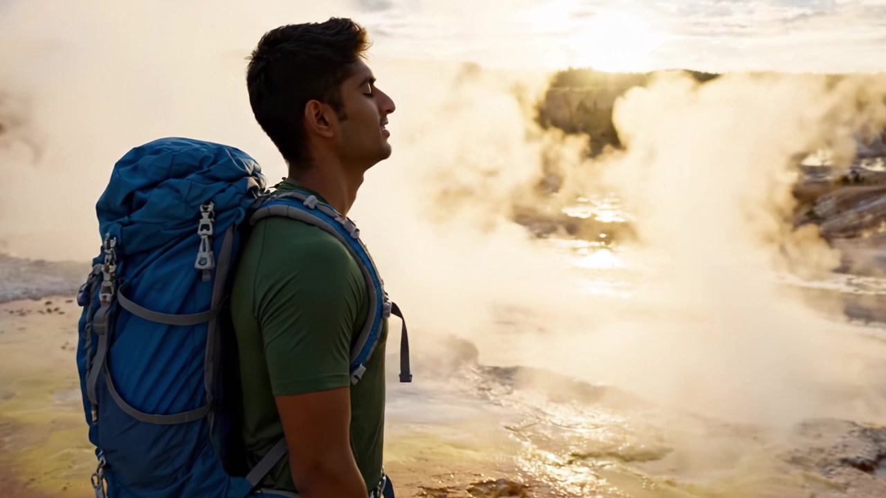 A Solo Hiker Gazes at the Stunning Landscape of a Geothermal Feature, Surrounded by Steaming Springs and Vibrant Colors at Sunrise in a National Park