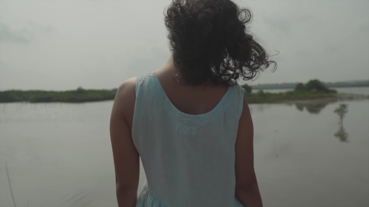 Håndholdt optagelse i slowmotion af en ung kvinde bagfra i lyseblå kjole og med sort hår, der ser ud over en sø med små øer med planter i det fjerne.