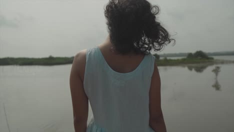 slow motion handheld shot of a young woman from behind in light blue dress and black hair looking over a lake with small islands with plants in the distance