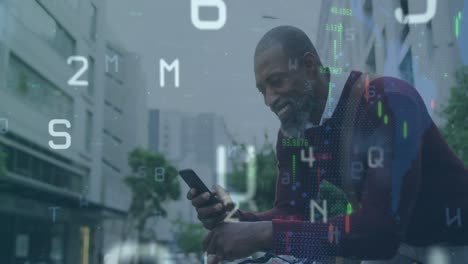 Animation-of-financial-data-processing-over-african-american-man-using-smartphone-on-the-street