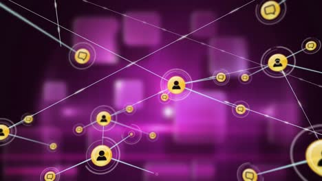 Digital-animation-of-network-of-connections-against-purple-square-shapes-against-black-background