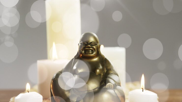 Animazione di punti luce bianchi sulla statua di Buddha e sulle candele.