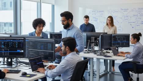 collaborative workspace: a team engaging in dynamic discussions and problem-solving with technology in a modern office environment
