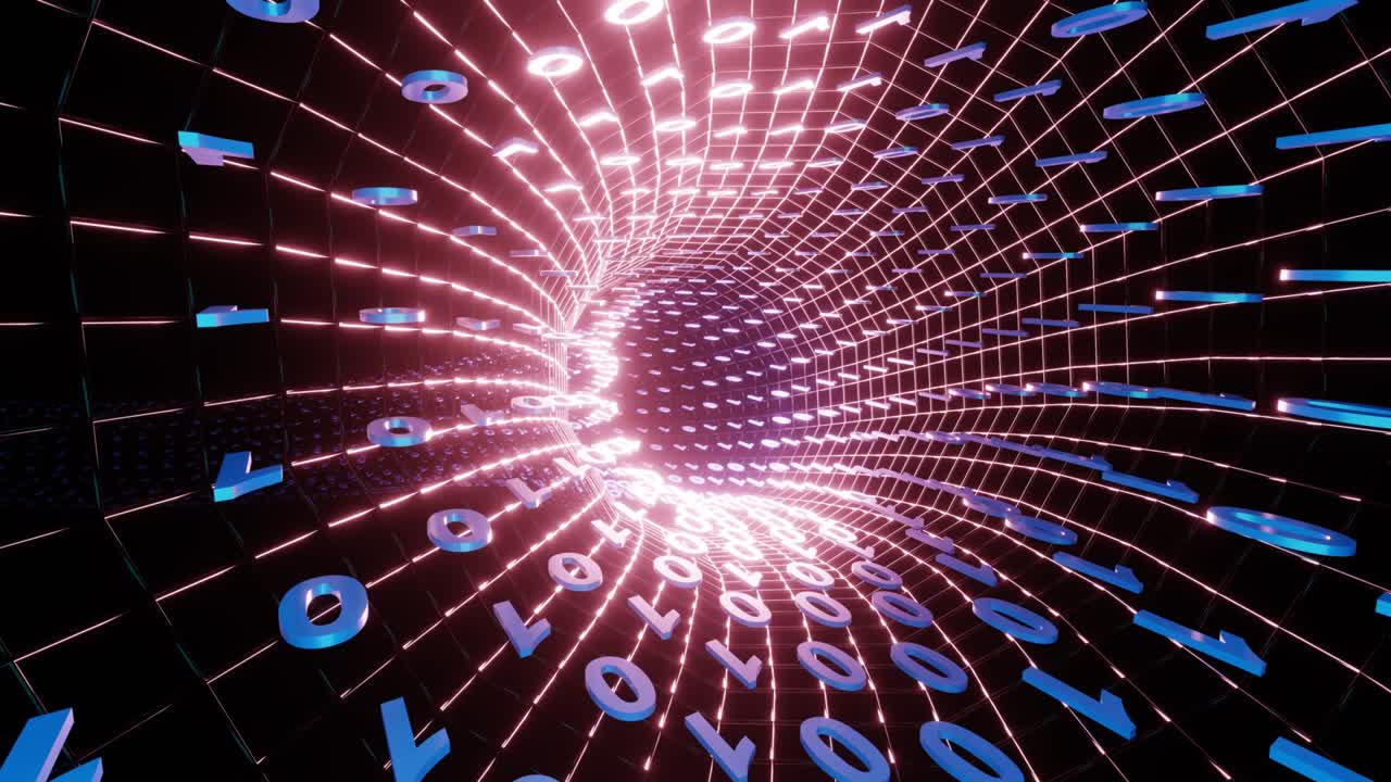 4K Artistic infographics binary numbers rotation tunnel. Technology Network Data Connection