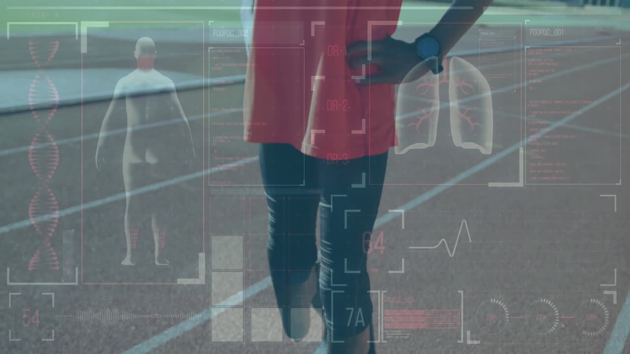 Animation af medicinske data og sundhedsovervågning over en atlet på en løbebane