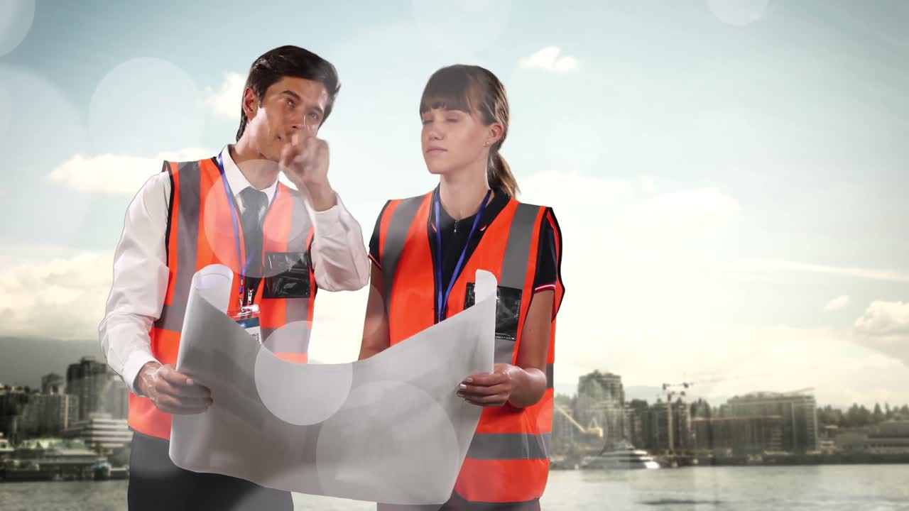 백인 여성과 남성 엔지니어에 대한  점의 애니메이션.