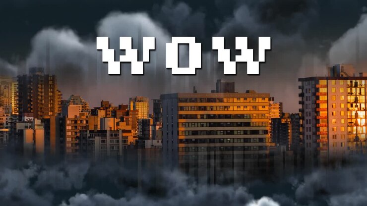 Animation of wow text over cityscape