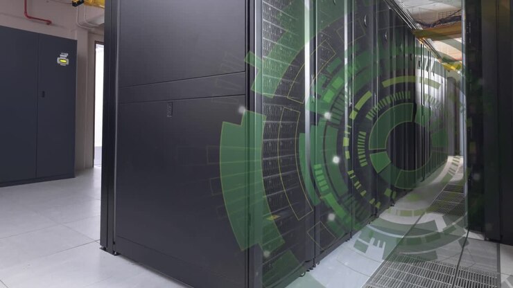 Animation of round scanner spinning against computer server room