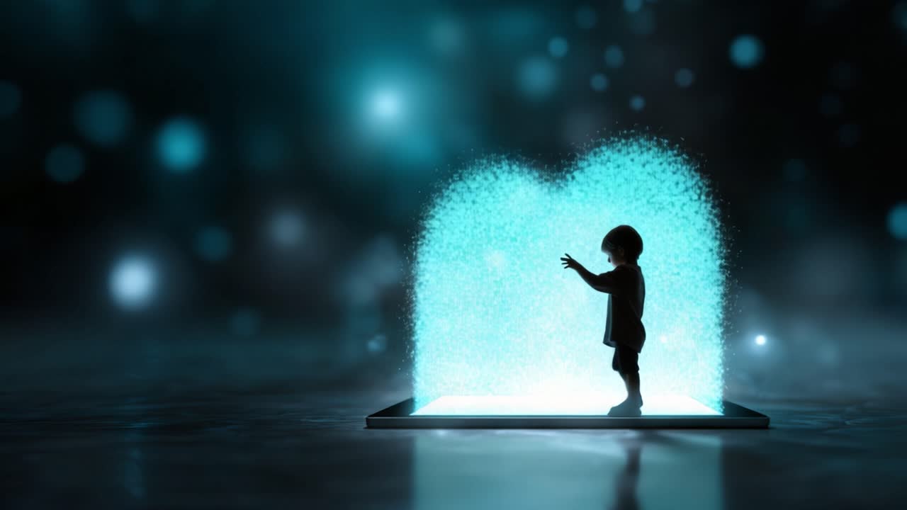 A child interacts with a mesmerizing digital display, surrounded by shimmering particles of light, showcasing the wonder of technology and imagination