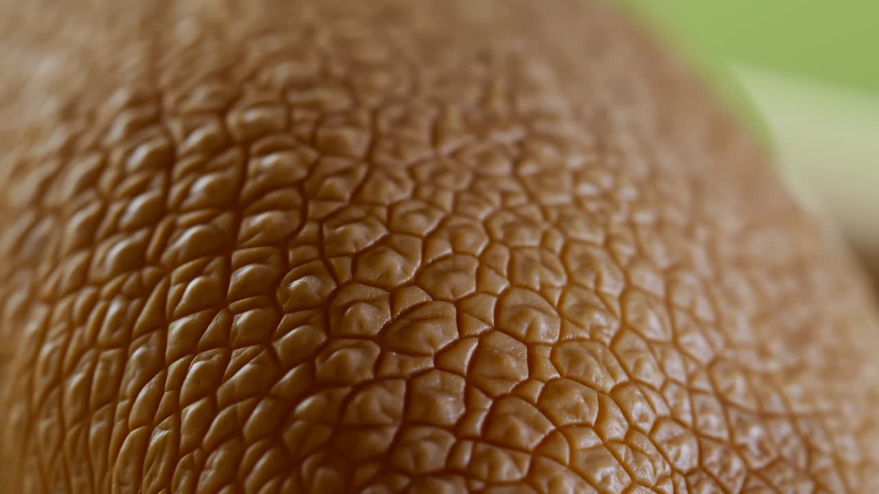 Primo piano del dettaglio della buccia marrone e testurizzata del kiwi, ripresa macro cinematografica con illuminazione calda da studio e bassa profondità di campo.