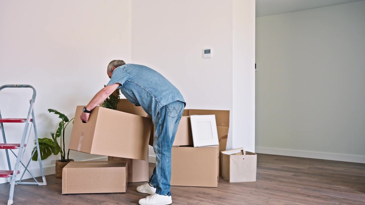 Senior Man Carrying a Cardboard Box into His New Home