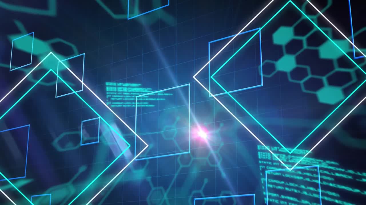 Animation of data processing with network of hexagons and geometric shapes