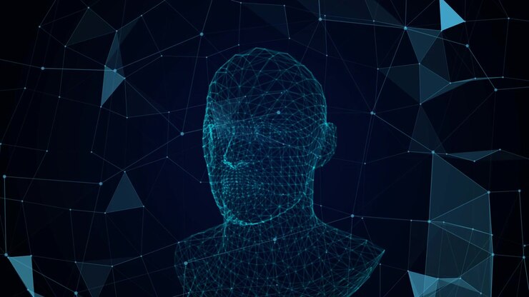 Digital Wireframe Human Head Rotating in Cyberspace