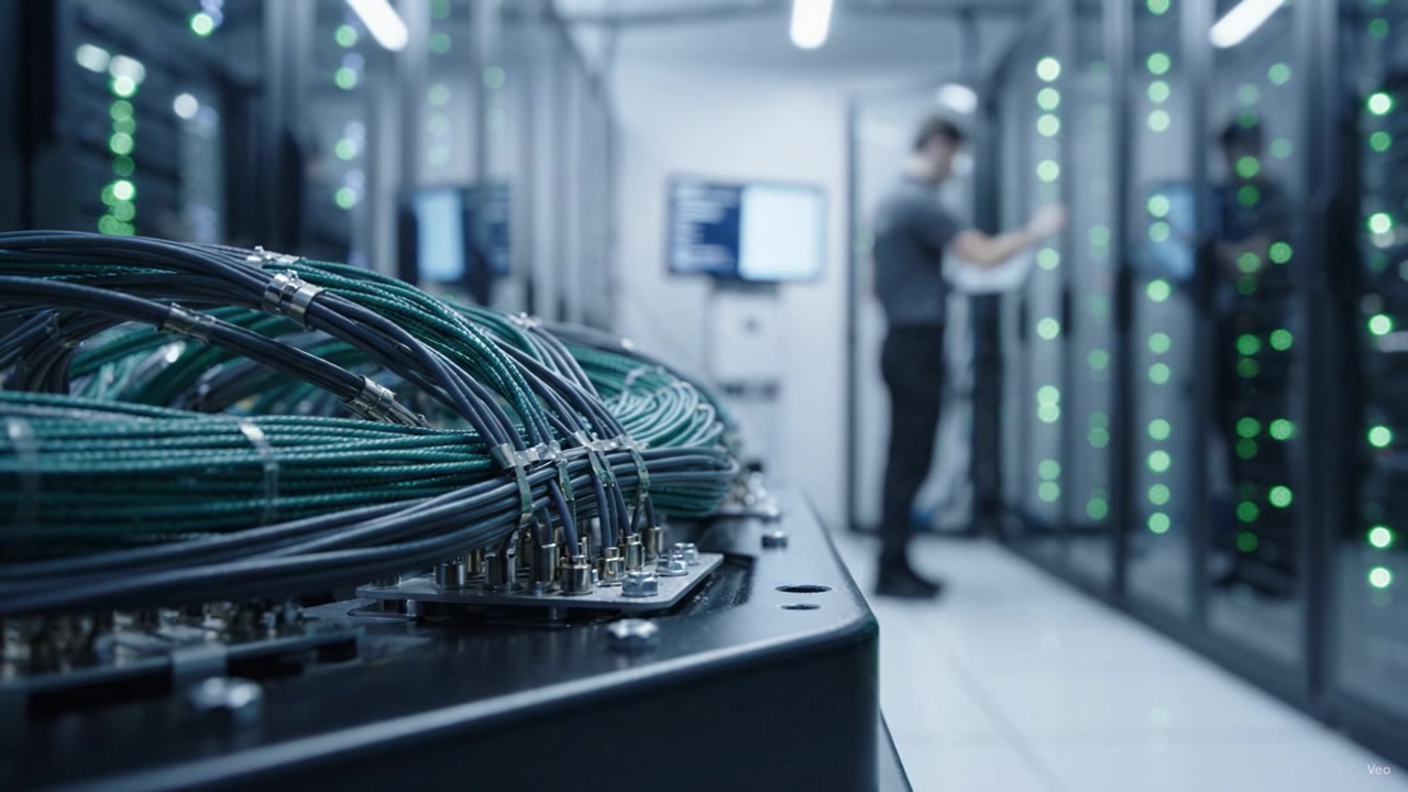 A Technician Managing Data Center Cables and Equipment in a Modern Server Room with Lush Green LED Indicators and High-Tech Infrastructure in the Background