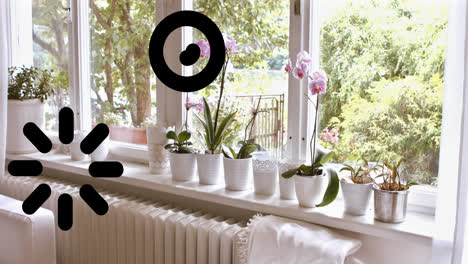 animación de iconos del sol sobre interiores modernos con plantas y jardín de primavera