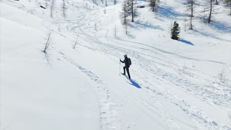 person snowshoeing on pristine snow, leaving footprints, sunny winter day, long shadow, cheneil, italy. aerial drone orbiting at low altitude