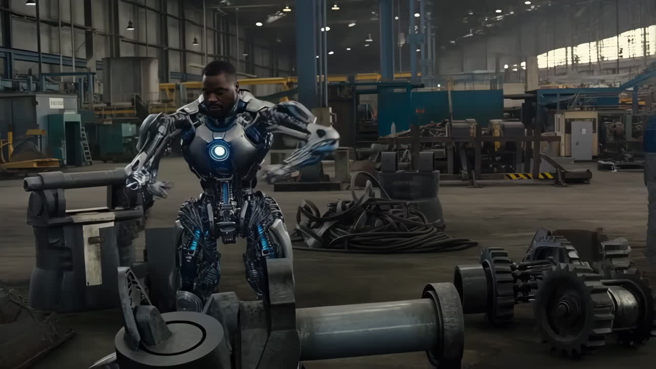 Man in an Advanced Cyborg Suit in an Industrial Factory